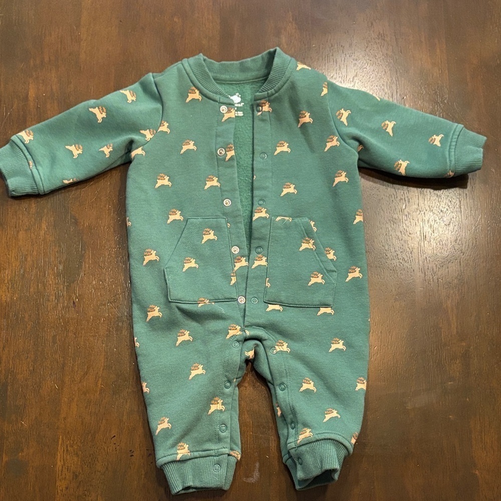 Green reindeer fleece romper - Picture 1 of 5